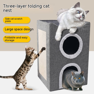 3 Layer Foldable Cat Bed With Scratcher
