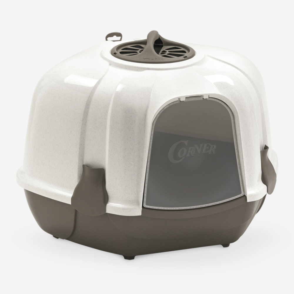 Corner Cat Litter Box - Grey & White