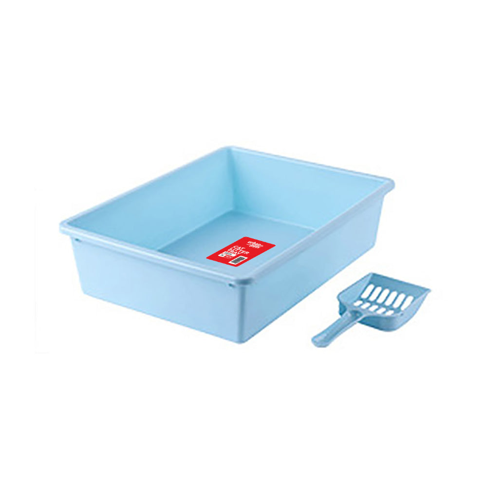 Cat Litter Tray with Scoop - Blue - M Size, 38 x 28 x 10 cm